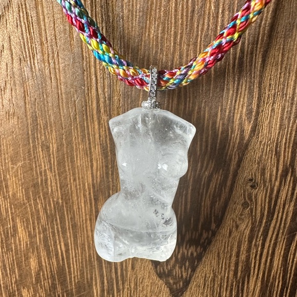 Jewelry - Clear Quartz Lady Body Carving Pendant Necklace on Multicolor Rope, Silver Bail